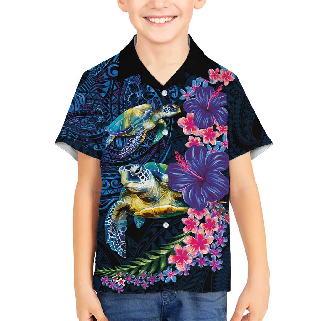 Hawaiian Plumeria and Hibiscus with Turtles Family Matching Off Shoulder Maxi Dress and Hawaiian Shirt Polynesian Art Dark Cyan Color LT03 Son's Shirt Dark Cyan - Polynesian Pride