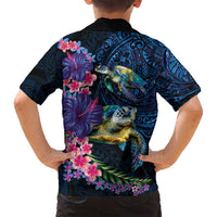 Hawaiian Plumeria and Hibiscus with Turtles Family Matching Off Shoulder Short Dress and Hawaiian Shirt Polynesian Art Dark Cyan Color LT03 - Polynesian Pride