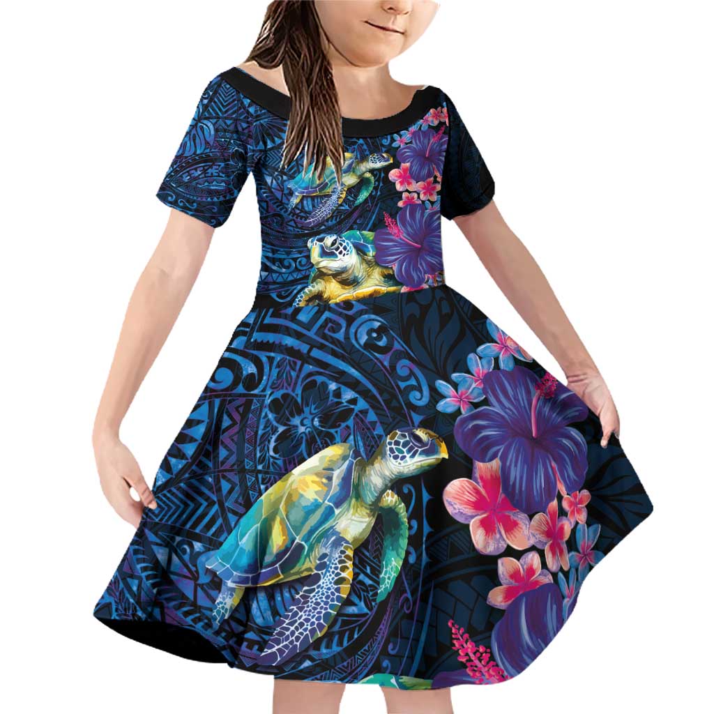 Hawaiian Plumeria and Hibiscus with Turtles Family Matching Off Shoulder Short Dress and Hawaiian Shirt Polynesian Art Dark Cyan Color LT03 Daughter's Dress Dark Cyan - Polynesian Pride