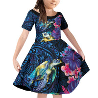 Hawaiian Plumeria and Hibiscus with Turtles Family Matching Off Shoulder Short Dress and Hawaiian Shirt Polynesian Art Dark Cyan Color LT03 Daughter's Dress Dark Cyan - Polynesian Pride
