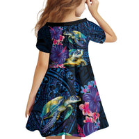 Hawaiian Plumeria and Hibiscus with Turtles Family Matching Off Shoulder Short Dress and Hawaiian Shirt Polynesian Art Dark Cyan Color LT03 - Polynesian Pride