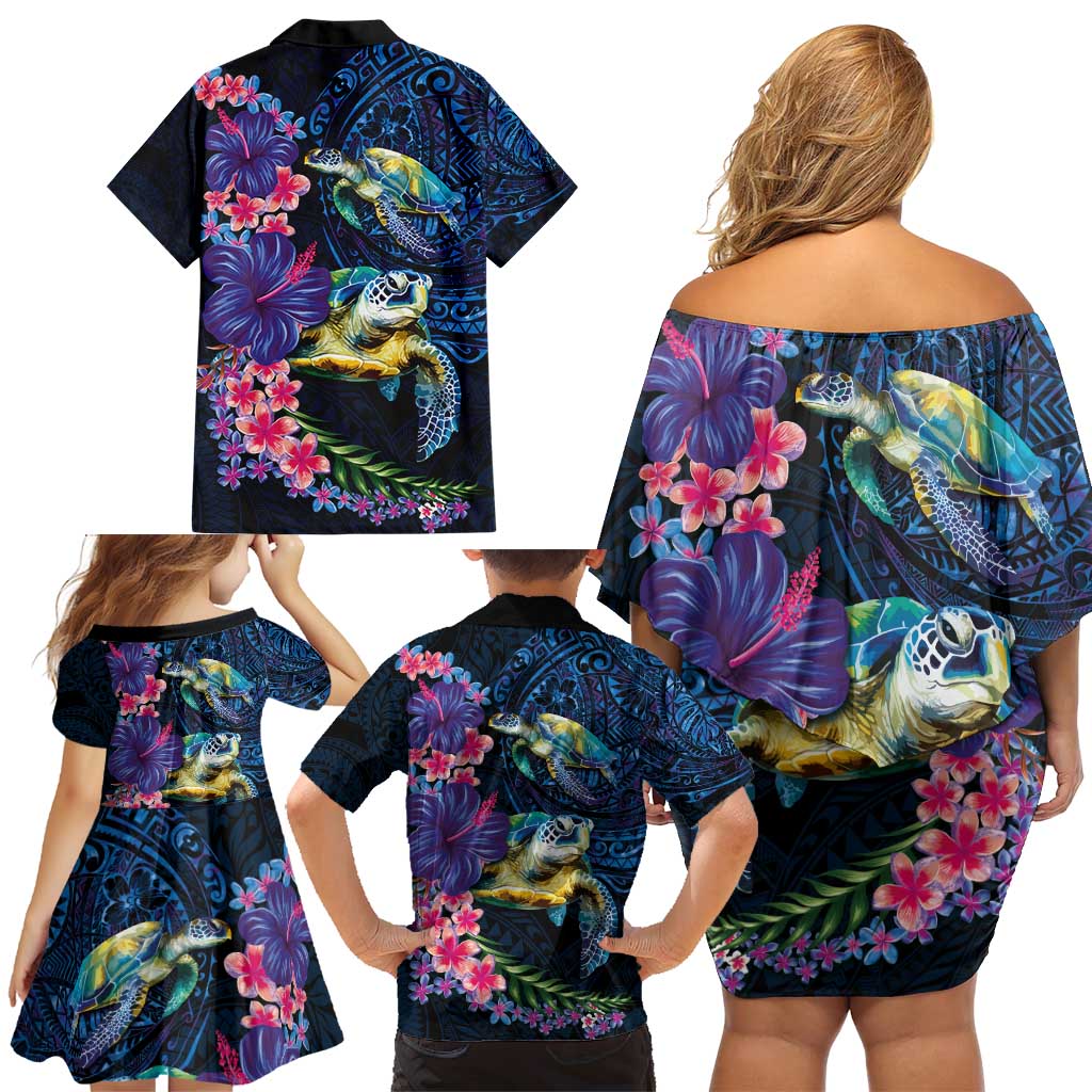 Hawaiian Plumeria and Hibiscus with Turtles Family Matching Off Shoulder Short Dress and Hawaiian Shirt Polynesian Art Dark Cyan Color LT03 - Polynesian Pride