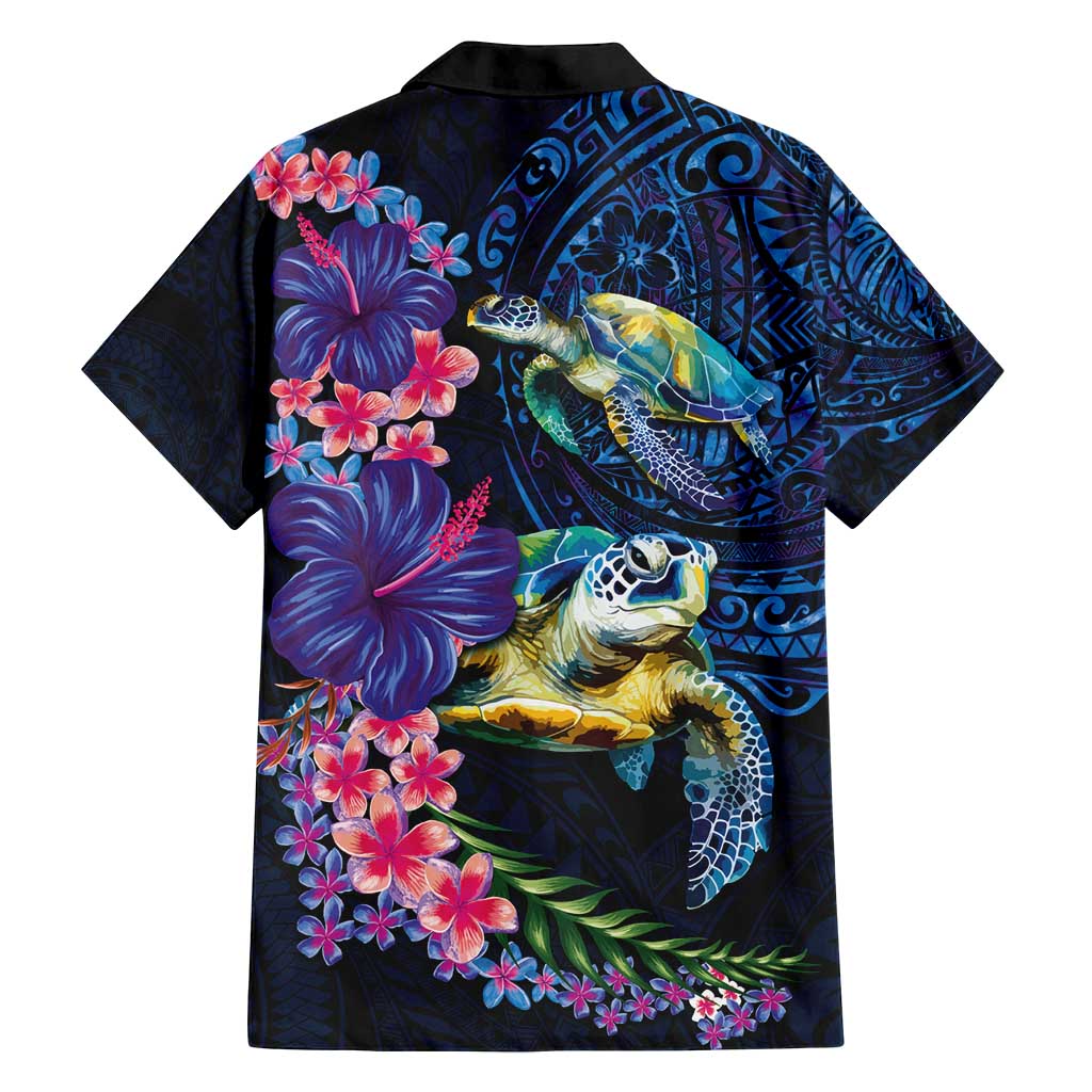 Hawaiian Plumeria and Hibiscus with Turtles Family Matching Off Shoulder Short Dress and Hawaiian Shirt Polynesian Art Dark Cyan Color LT03 - Polynesian Pride