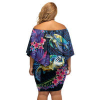 Hawaiian Plumeria and Hibiscus with Turtles Family Matching Off Shoulder Short Dress and Hawaiian Shirt Polynesian Art Dark Cyan Color LT03 - Polynesian Pride