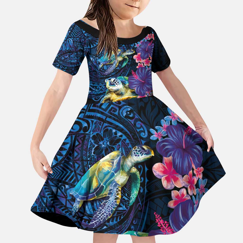 Hawaiian Plumeria and Hibiscus with Turtles Family Matching Puletasi and Hawaiian Shirt Polynesian Art Dark Cyan Color LT03 Daughter's Dress Dark Cyan - Polynesian Pride