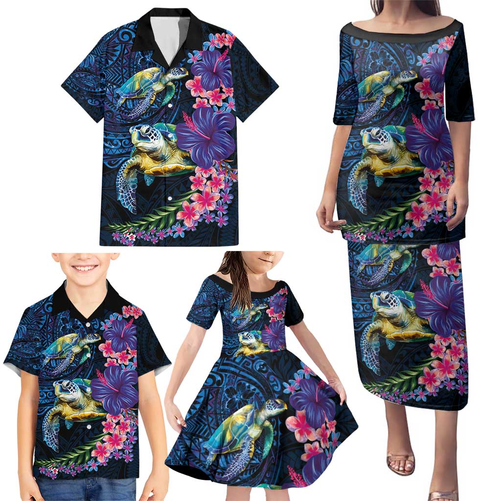 Hawaiian Plumeria and Hibiscus with Turtles Family Matching Puletasi and Hawaiian Shirt Polynesian Art Dark Cyan Color - Polynesian Pride