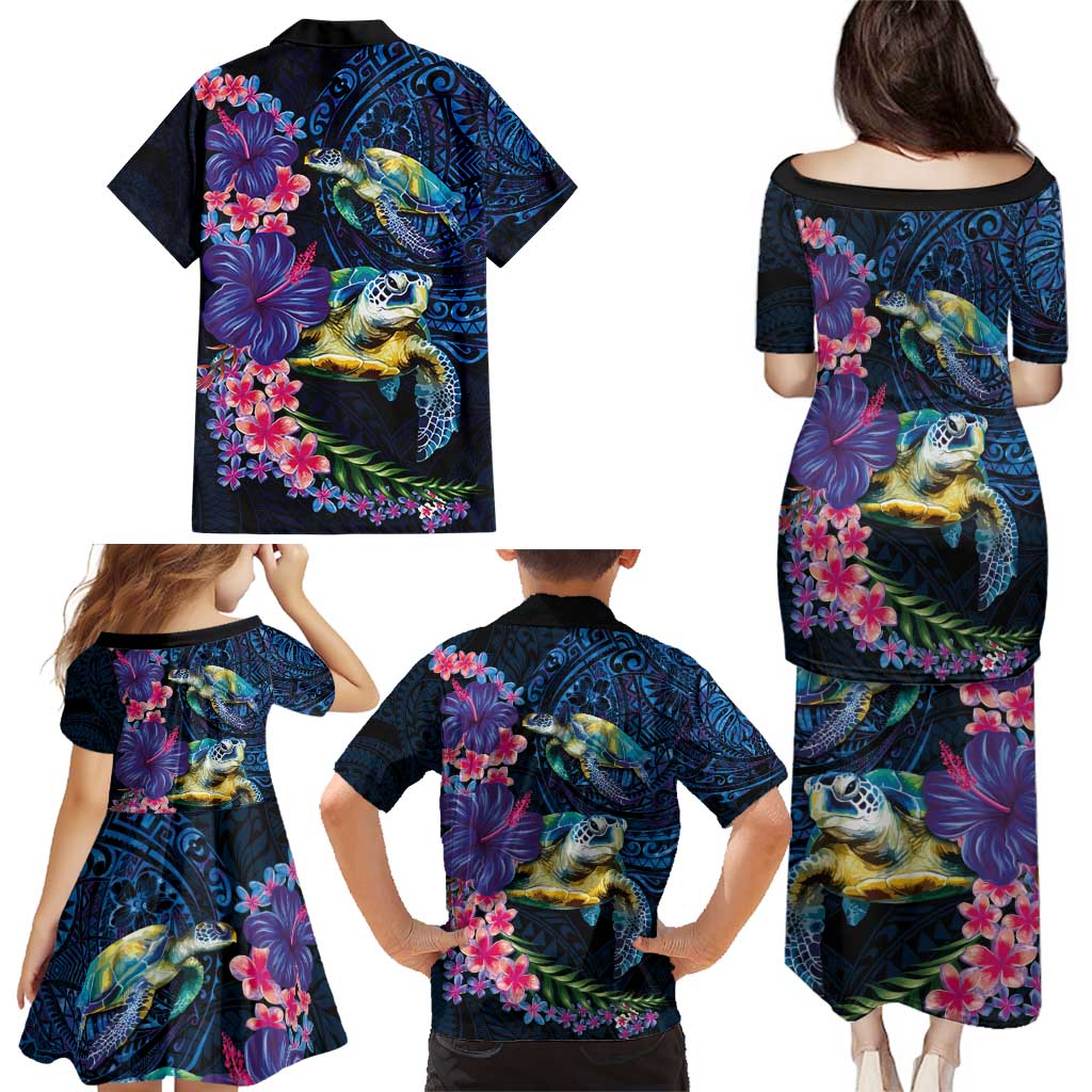 Hawaiian Plumeria and Hibiscus with Turtles Family Matching Puletasi and Hawaiian Shirt Polynesian Art Dark Cyan Color LT03 - Polynesian Pride