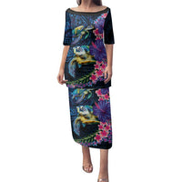 Hawaiian Plumeria and Hibiscus with Turtles Family Matching Puletasi and Hawaiian Shirt Polynesian Art Dark Cyan Color LT03 Mom's Dress Dark Cyan - Polynesian Pride