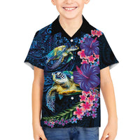 Hawaiian Plumeria and Hibiscus with Turtles Family Matching Puletasi and Hawaiian Shirt Polynesian Art Dark Cyan Color LT03 Son's Shirt Dark Cyan - Polynesian Pride