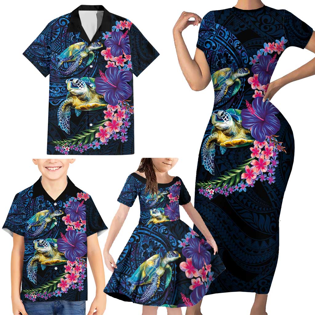 Hawaiian Plumeria and Hibiscus with Turtles Family Matching Short Sleeve Bodycon Dress and Hawaiian Shirt Polynesian Art Dark Cyan Color LT03 - Polynesian Pride