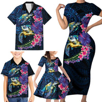 Hawaiian Plumeria and Hibiscus with Turtles Family Matching Short Sleeve Bodycon Dress and Hawaiian Shirt Polynesian Art Dark Cyan Color LT03 - Polynesian Pride