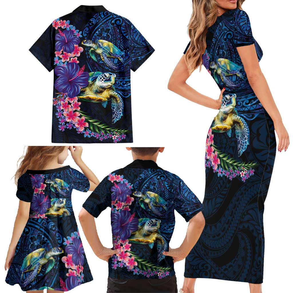 Hawaiian Plumeria and Hibiscus with Turtles Family Matching Short Sleeve Bodycon Dress and Hawaiian Shirt Polynesian Art Dark Cyan Color LT03 - Polynesian Pride