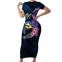 Hawaiian Plumeria and Hibiscus with Turtles Family Matching Short Sleeve Bodycon Dress and Hawaiian Shirt Polynesian Art Dark Cyan Color LT03 Mom's Dress Dark Cyan - Polynesian Pride