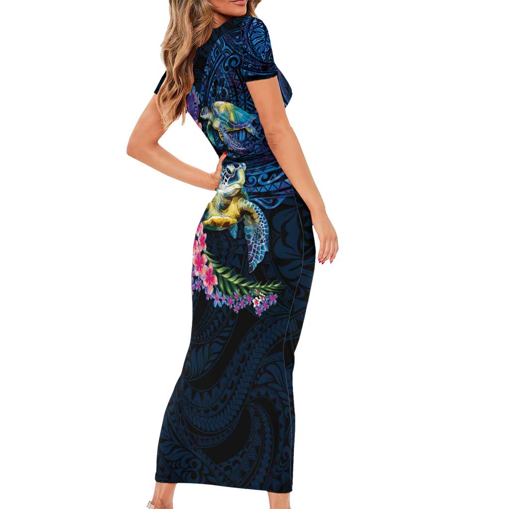 Hawaiian Plumeria and Hibiscus with Turtles Family Matching Short Sleeve Bodycon Dress and Hawaiian Shirt Polynesian Art Dark Cyan Color LT03 - Polynesian Pride