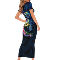 Hawaiian Plumeria and Hibiscus with Turtles Family Matching Short Sleeve Bodycon Dress and Hawaiian Shirt Polynesian Art Dark Cyan Color LT03 - Polynesian Pride