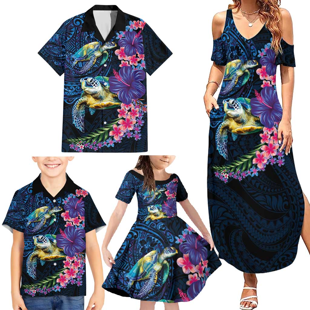 Hawaiian Plumeria and Hibiscus with Turtles Family Matching Summer Maxi Dress and Hawaiian Shirt Polynesian Art Dark Cyan Color LT03 - Polynesian Pride