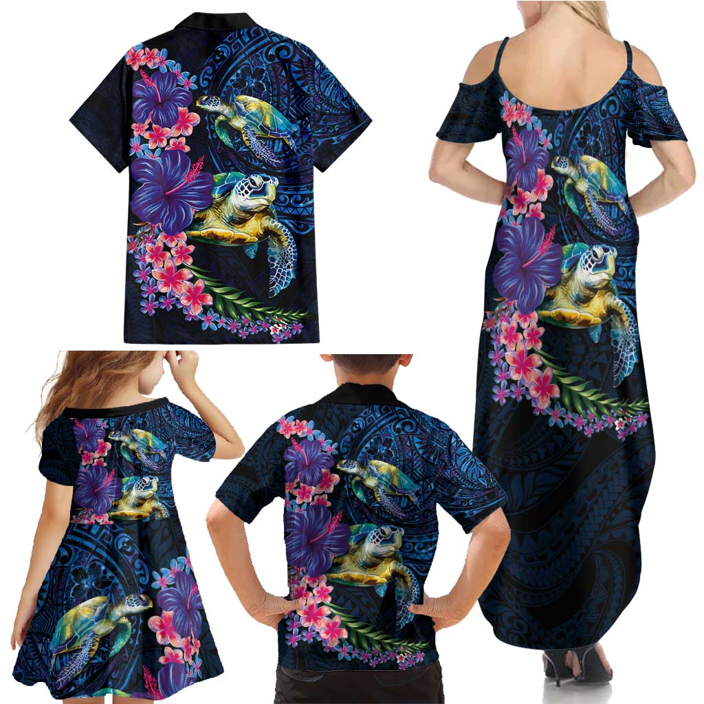 Hawaiian Plumeria and Hibiscus with Turtles Family Matching Summer Maxi Dress and Hawaiian Shirt Polynesian Art Dark Cyan Color LT03 - Polynesian Pride