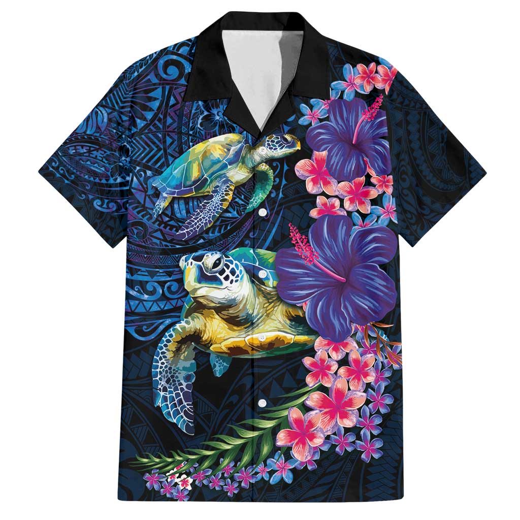 Hawaiian Plumeria and Hibiscus with Turtles Family Matching Summer Maxi Dress and Hawaiian Shirt Polynesian Art Dark Cyan Color LT03 Dad's Shirt - Short Sleeve Dark Cyan - Polynesian Pride