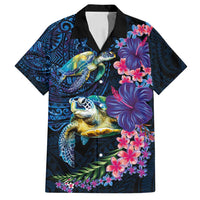 Hawaiian Plumeria and Hibiscus with Turtles Family Matching Summer Maxi Dress and Hawaiian Shirt Polynesian Art Dark Cyan Color LT03 Dad's Shirt - Short Sleeve Dark Cyan - Polynesian Pride