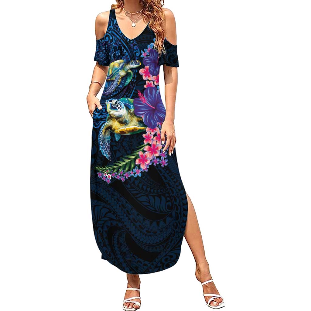 Hawaiian Plumeria and Hibiscus with Turtles Family Matching Summer Maxi Dress and Hawaiian Shirt Polynesian Art Dark Cyan Color LT03 Mom's Dress Dark Cyan - Polynesian Pride