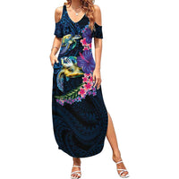 Hawaiian Plumeria and Hibiscus with Turtles Family Matching Summer Maxi Dress and Hawaiian Shirt Polynesian Art Dark Cyan Color LT03 Mom's Dress Dark Cyan - Polynesian Pride