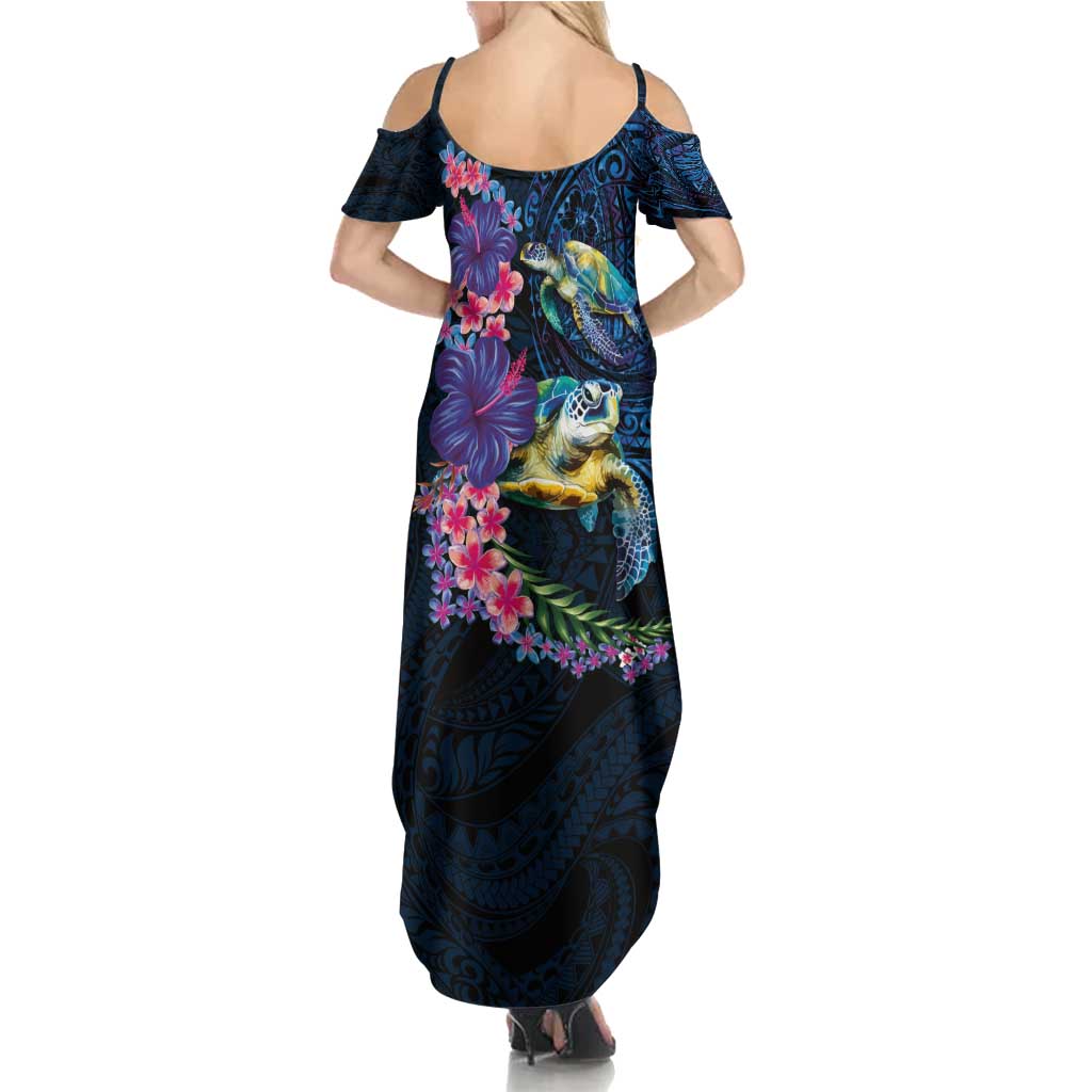 Hawaiian Plumeria and Hibiscus with Turtles Family Matching Summer Maxi Dress and Hawaiian Shirt Polynesian Art Dark Cyan Color LT03 - Polynesian Pride