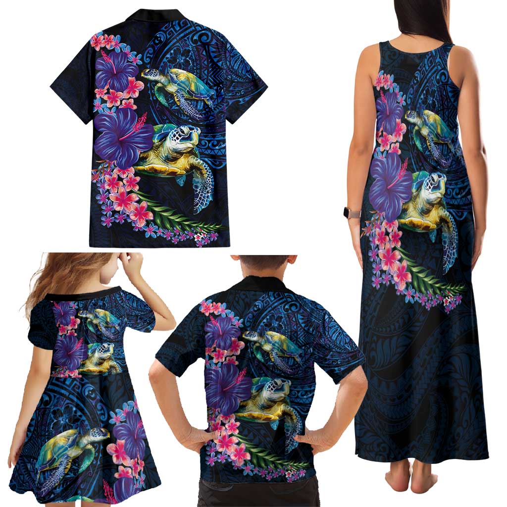 Hawaiian Plumeria and Hibiscus with Turtles Family Matching Tank Maxi Dress and Hawaiian Shirt Polynesian Art Dark Cyan Color LT03 - Polynesian Pride