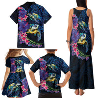 Hawaiian Plumeria and Hibiscus with Turtles Family Matching Tank Maxi Dress and Hawaiian Shirt Polynesian Art Dark Cyan Color LT03 - Polynesian Pride
