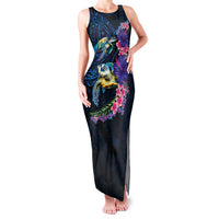 Hawaiian Plumeria and Hibiscus with Turtles Family Matching Tank Maxi Dress and Hawaiian Shirt Polynesian Art Dark Cyan Color LT03 Mom's Dress Dark Cyan - Polynesian Pride