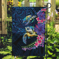 Hawaiian Plumeria and Hibiscus with Turtles Garden Flag Polynesian Art Dark Cyan Color - Polynesian Pride