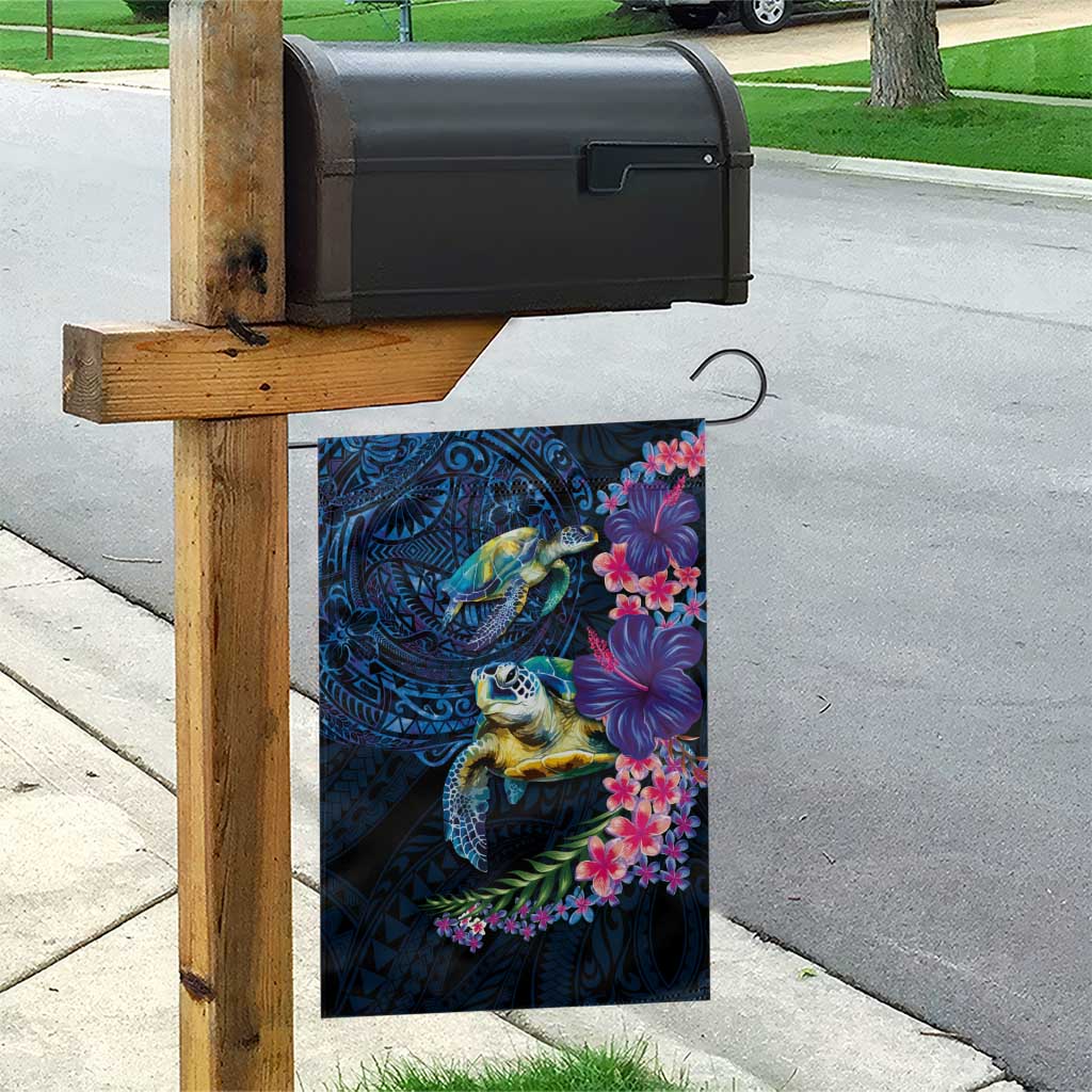 Hawaiian Plumeria and Hibiscus with Turtles Garden Flag Polynesian Art Dark Cyan Color - Polynesian Pride