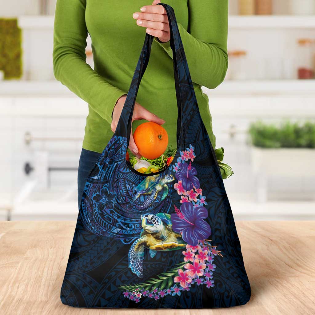 Hawaiian Plumeria and Hibiscus with Turtles Grocery Bag Polynesian Art Dark Cyan Color - Polynesian Pride