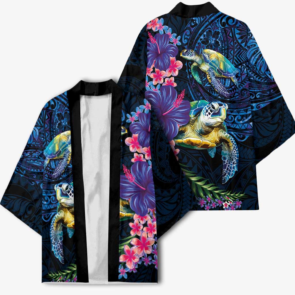 Hawaiian Plumeria and Hibiscus with Turtles Kimono Polynesian Art Dark Cyan Color - Polynesian Pride