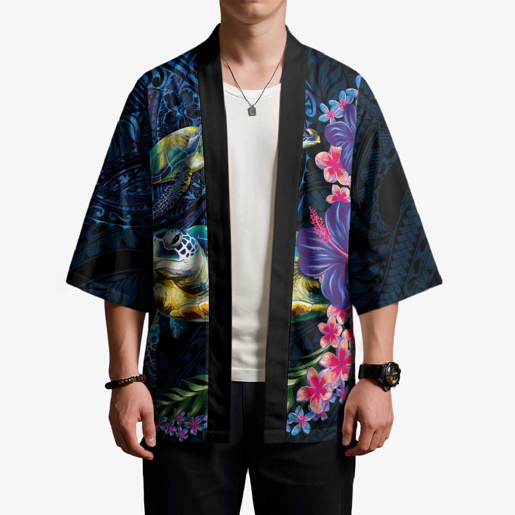 Hawaiian Plumeria and Hibiscus with Turtles Kimono Polynesian Art Dark Cyan Color - Polynesian Pride