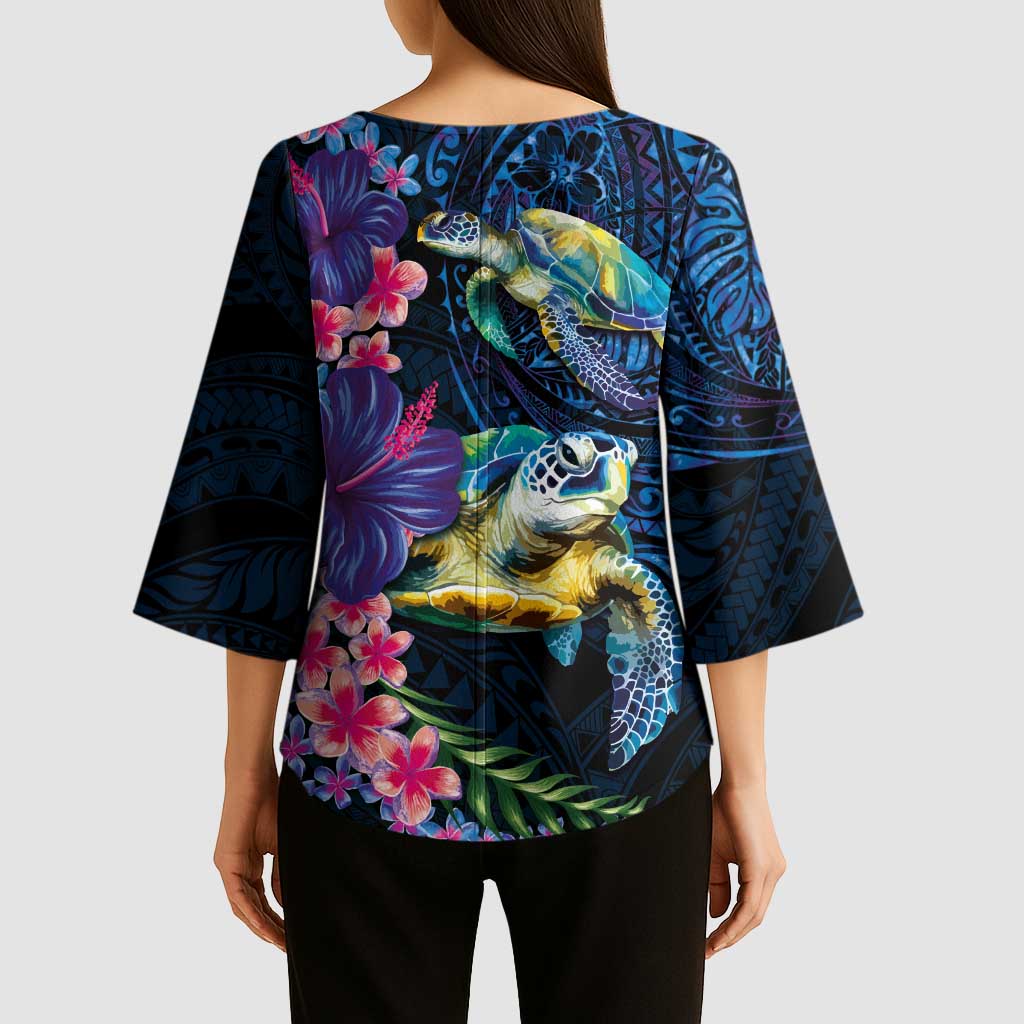 Hawaiian Plumeria and Hibiscus with Turtles Kimono Sleeve Blouse Polynesian Art Dark Cyan Color - Polynesian Pride