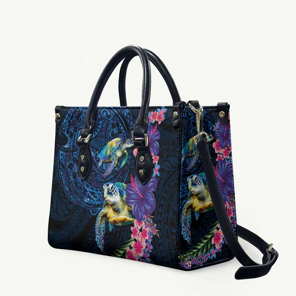 Hawaiian Plumeria and Hibiscus with Turtles Leather Bag Polynesian Art Dark Cyan Color - Polynesian Pride