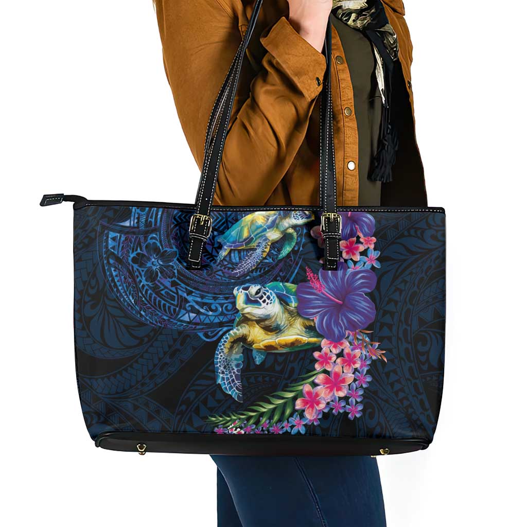 Hawaiian Plumeria and Hibiscus with Turtles Leather Tote Bag Polynesian Art Dark Cyan Color - Polynesian Pride
