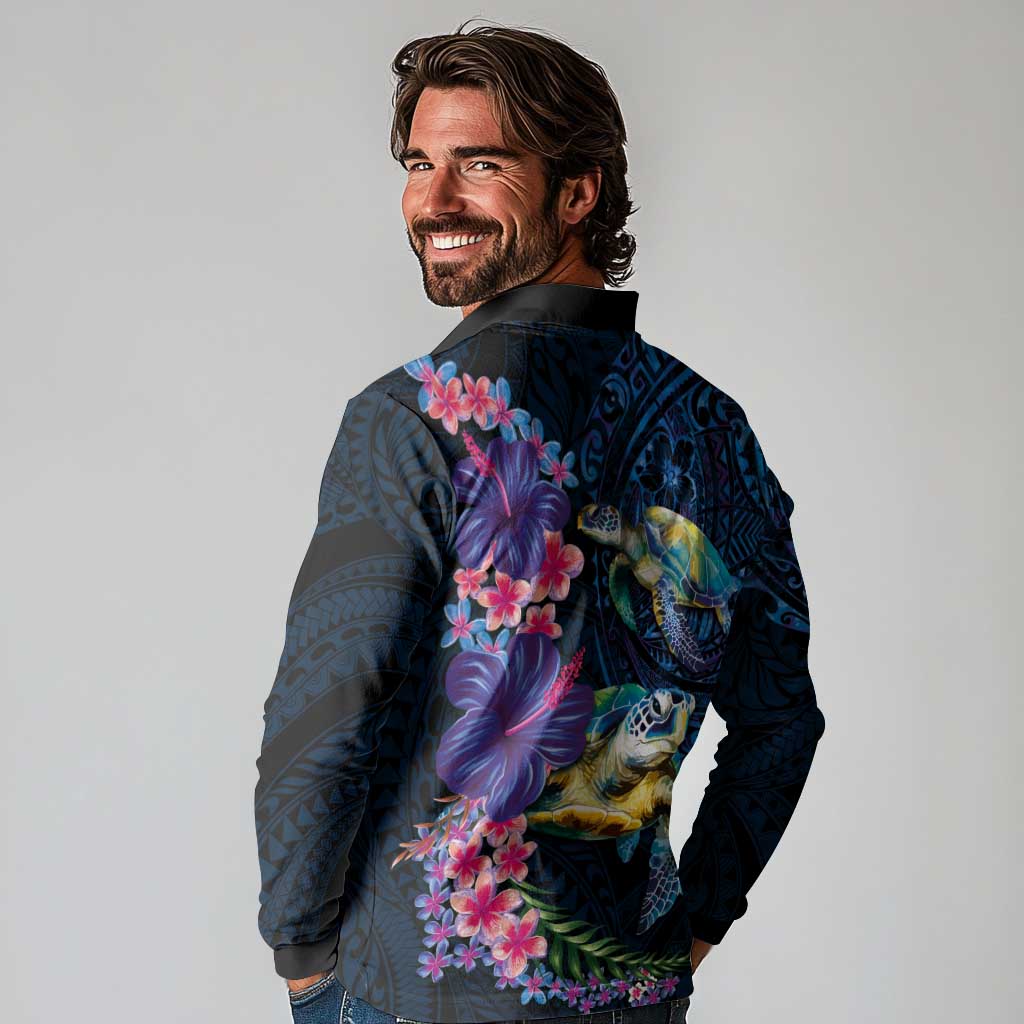 Hawaiian Plumeria and Hibiscus with Turtles Long Sleeve Polo Shirt Polynesian Art Dark Cyan Color - Polynesian Pride
