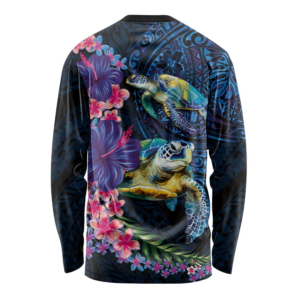 Hawaiian Plumeria and Hibiscus with Turtles Long Sleeve Shirt Polynesian Art Dark Cyan Color - Polynesian Pride