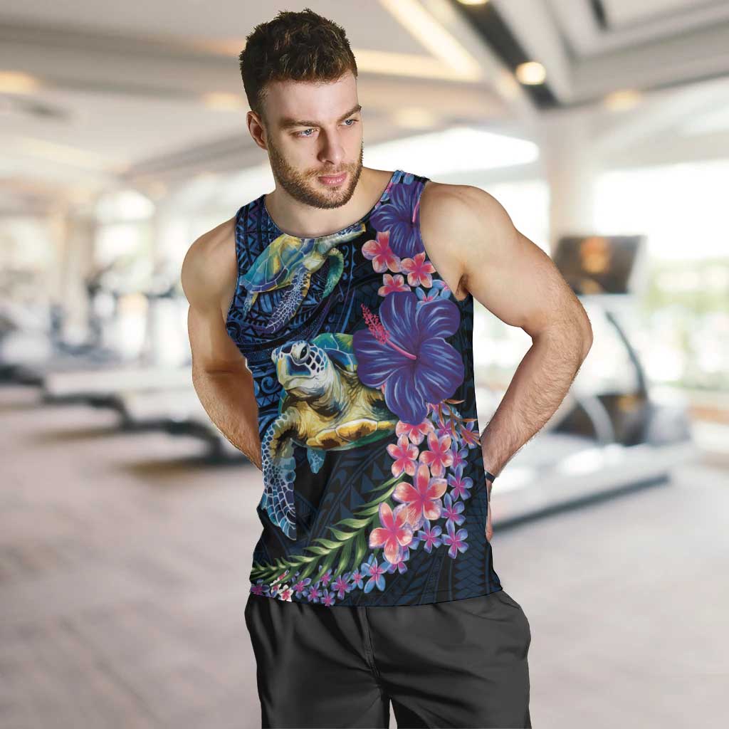 Hawaiian Plumeria and Hibiscus with Turtles Men Tank Top Polynesian Art Dark Cyan Color - Polynesian Pride