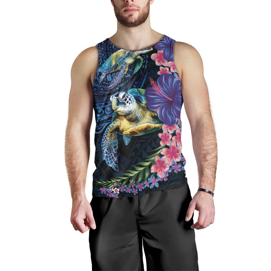Hawaiian Plumeria and Hibiscus with Turtles Men Tank Top Polynesian Art Dark Cyan Color - Polynesian Pride