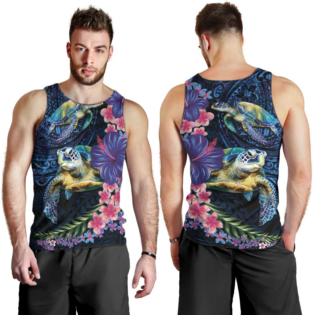 Hawaiian Plumeria and Hibiscus with Turtles Men Tank Top Polynesian Art Dark Cyan Color - Polynesian Pride