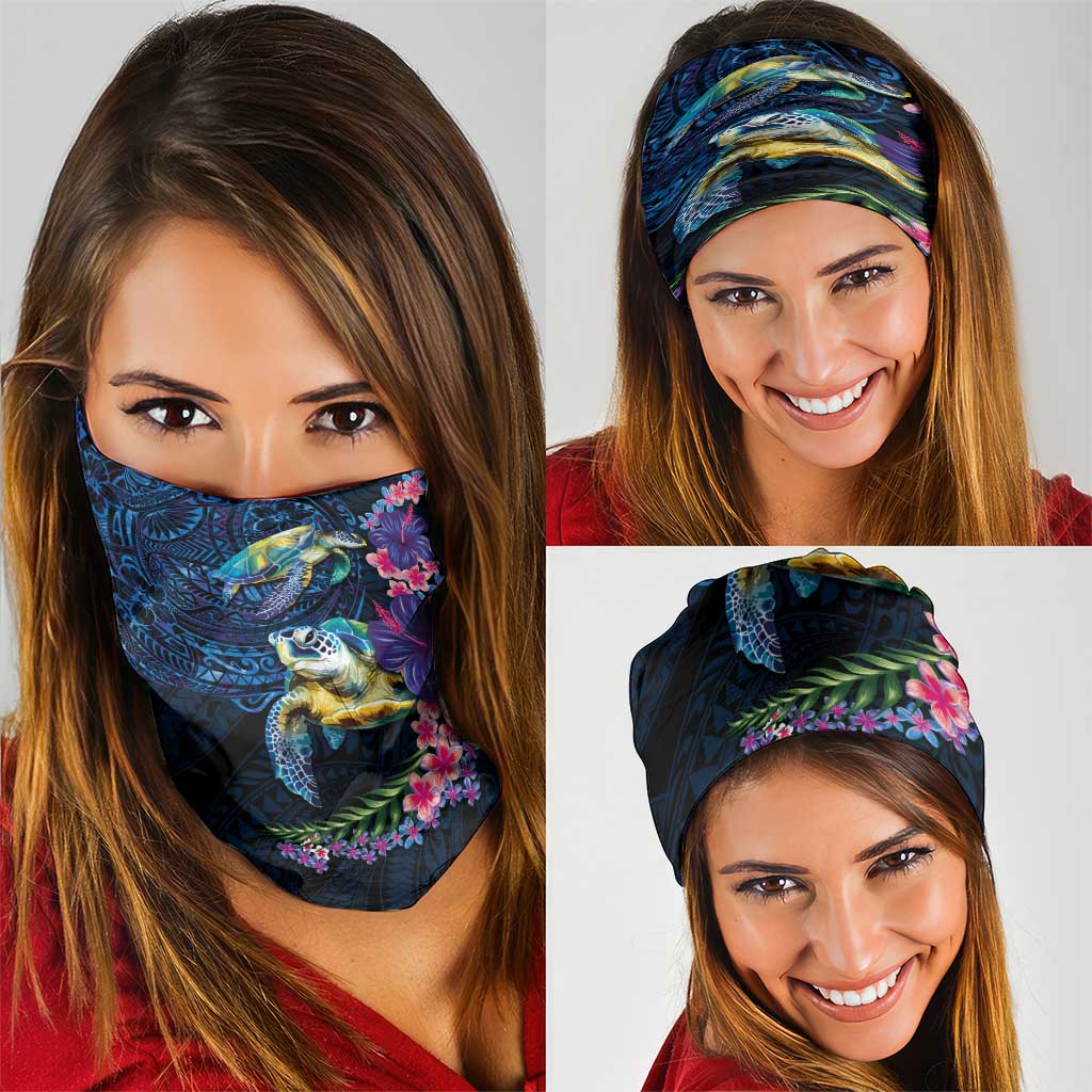 Hawaiian Plumeria and Hibiscus with Turtles Neck Gaiter Polynesian Art Dark Cyan Color - Polynesian Pride