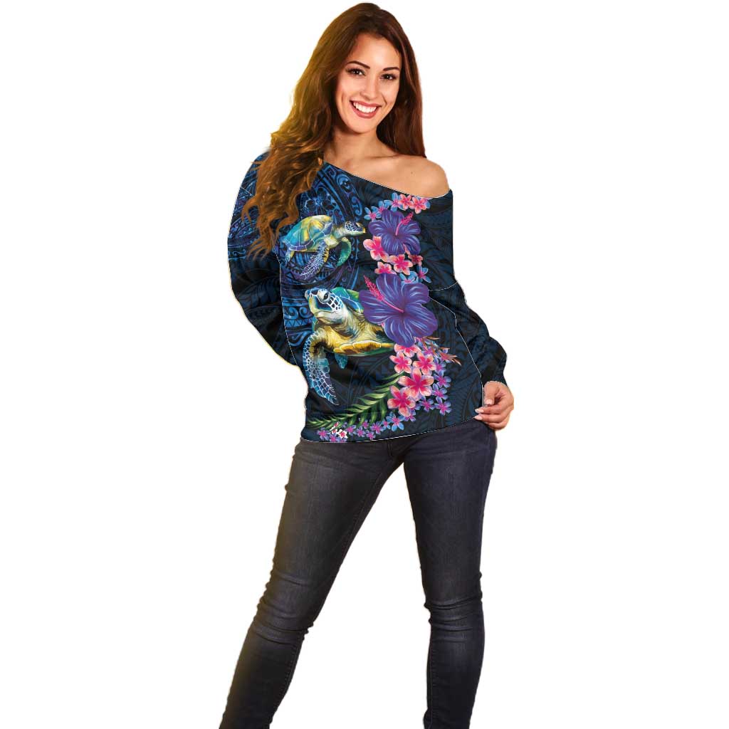 Hawaiian Plumeria and Hibiscus with Turtles Off Shoulder Sweater Polynesian Art Dark Cyan Color - Polynesian Pride