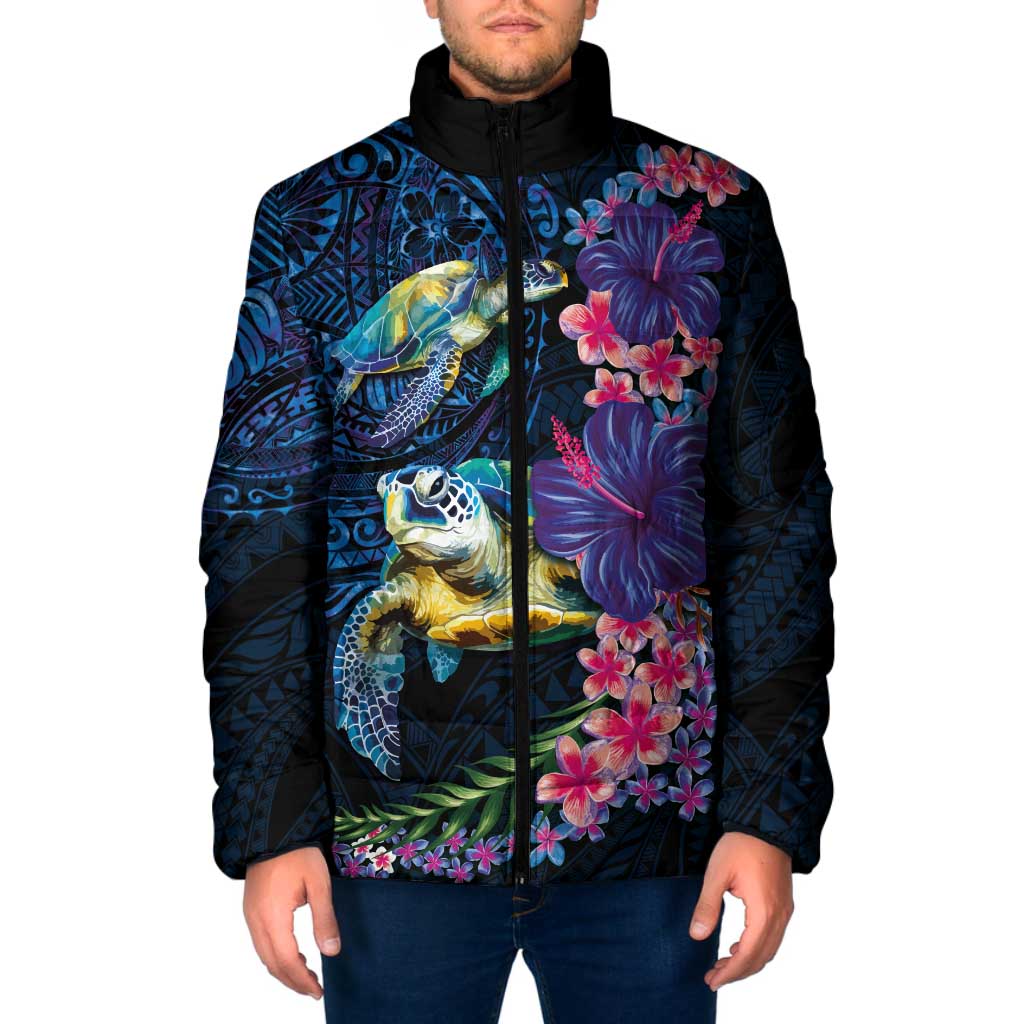Hawaiian Plumeria and Hibiscus with Turtles Padded Jacket Polynesian Art Dark Cyan Color - Polynesian Pride