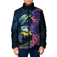 Hawaiian Plumeria and Hibiscus with Turtles Padded Jacket Polynesian Art Dark Cyan Color - Polynesian Pride