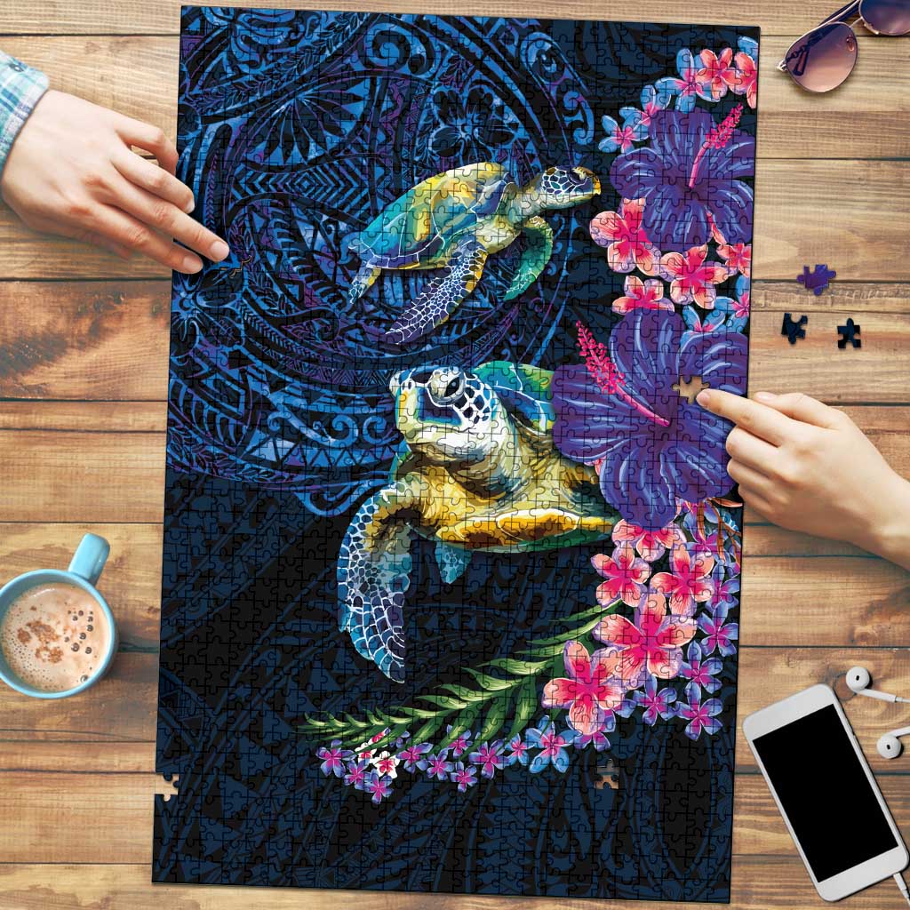 Hawaiian Plumeria and Hibiscus with Turtles Puzzle Polynesian Art Dark Cyan Color - Polynesian Pride