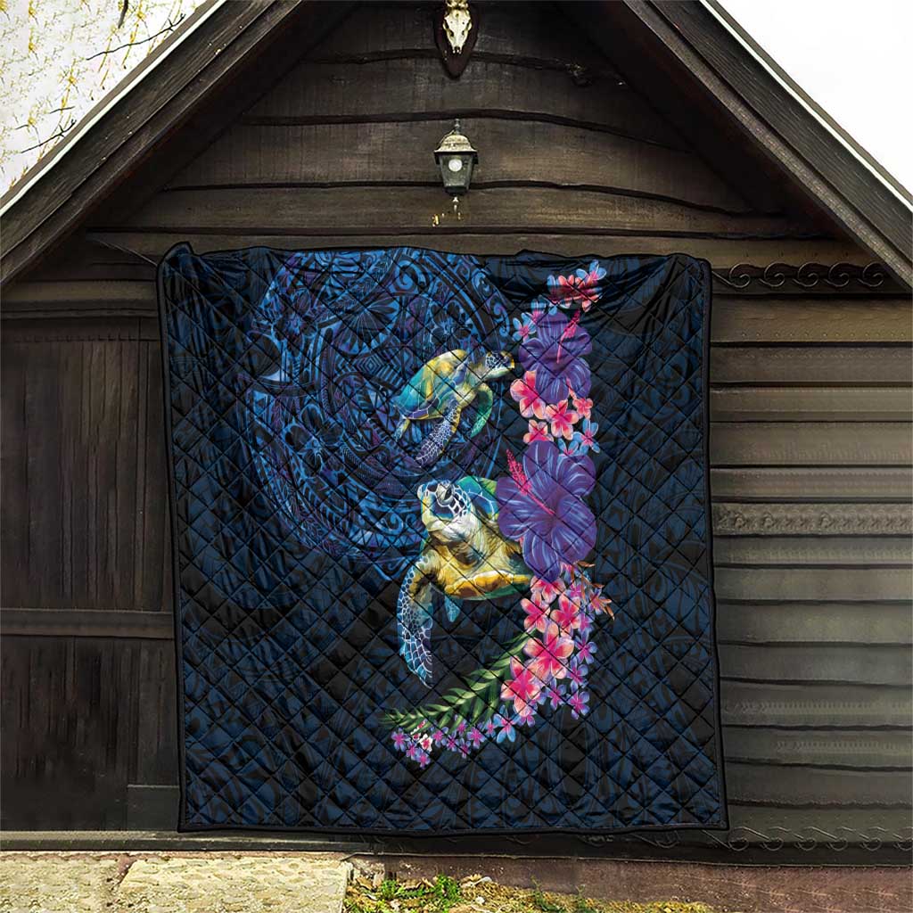 Hawaiian Plumeria and Hibiscus with Turtles Quilt Polynesian Art Dark Cyan Color - Polynesian Pride