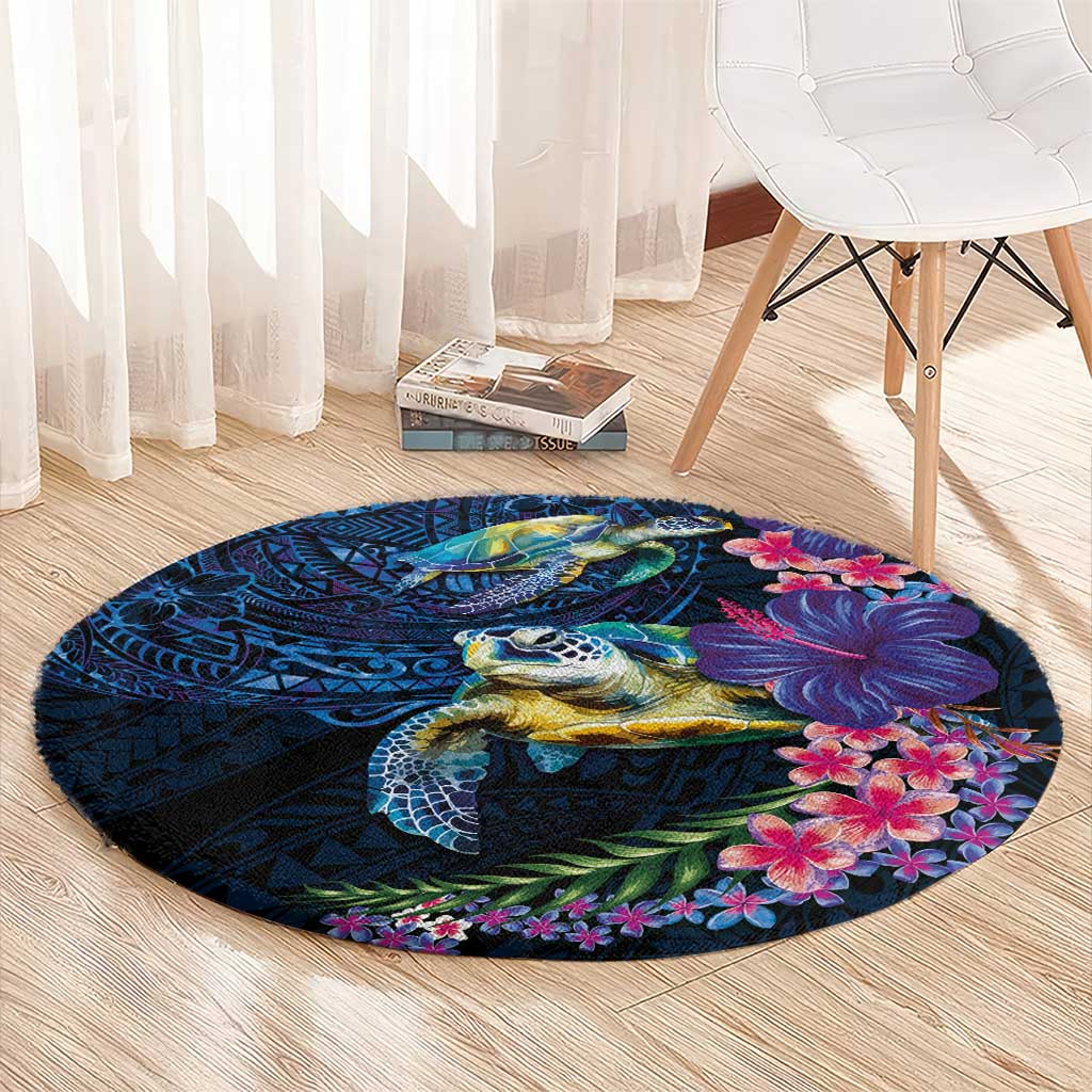 Hawaiian Plumeria and Hibiscus with Turtles Round Carpet Polynesian Art Dark Cyan Color - Polynesian Pride