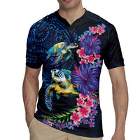Hawaiian Plumeria and Hibiscus with Turtles Rugby Jersey Polynesian Art Dark Cyan Color - Polynesian Pride